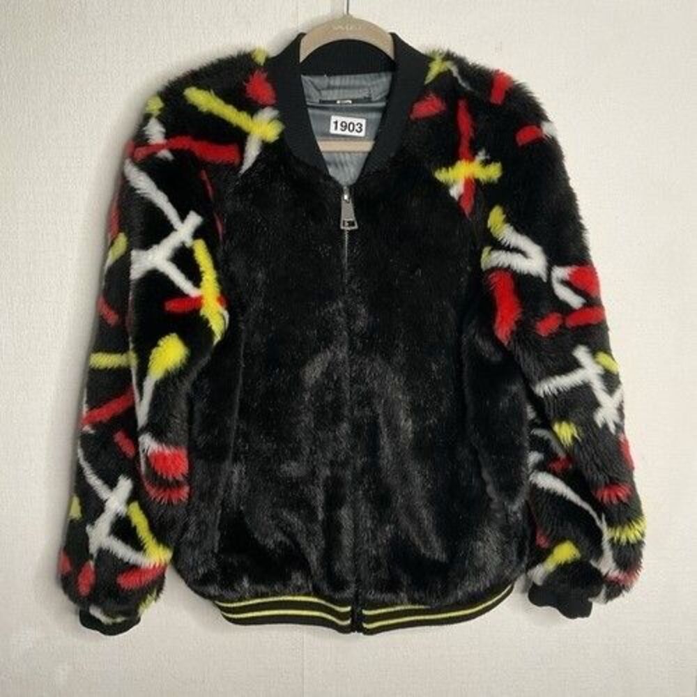 Heureah Real People Faux Fur Graphic Bomber Full Zip Jacket Women Size Large